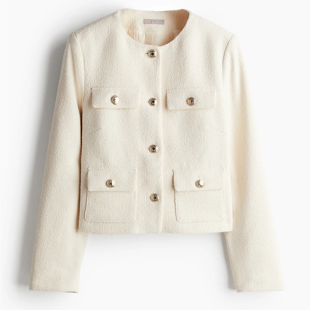 BNWOT Elegant H&M Cream and White Tweed Jacket with Gold Buttons Textured-Weave